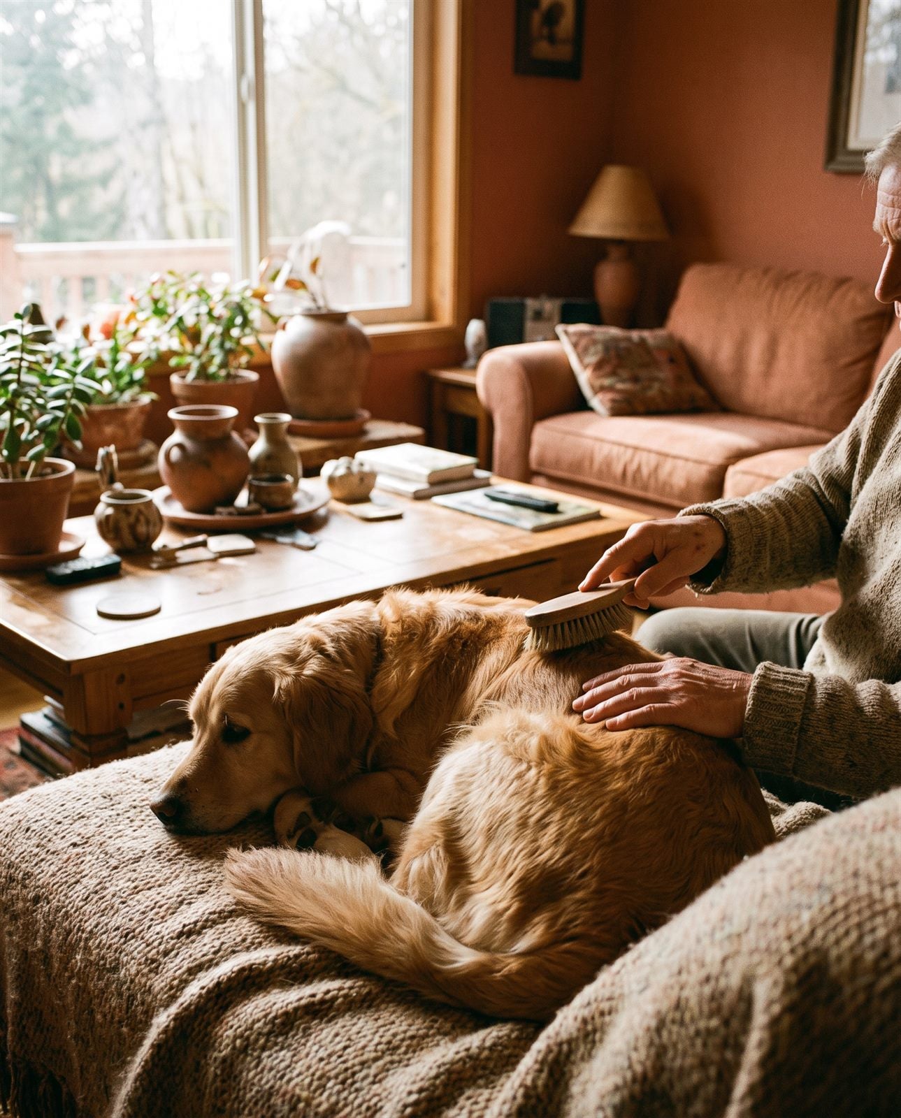 A person brushing a golden retriever resting on a couch at home.