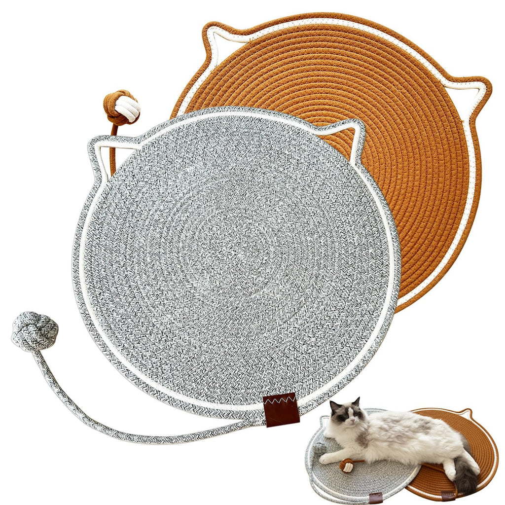 Two round cotton rope cat scratching mats in grey and tan, one shaped with cat ears, with an attached rope ball toy.