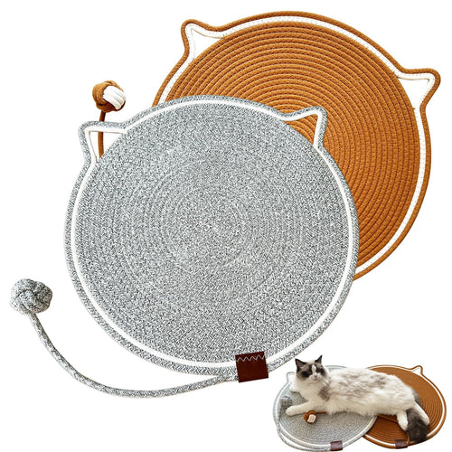 Two round cotton rope cat scratching mats in grey and tan, one shaped with cat ears, with an attached rope ball toy.