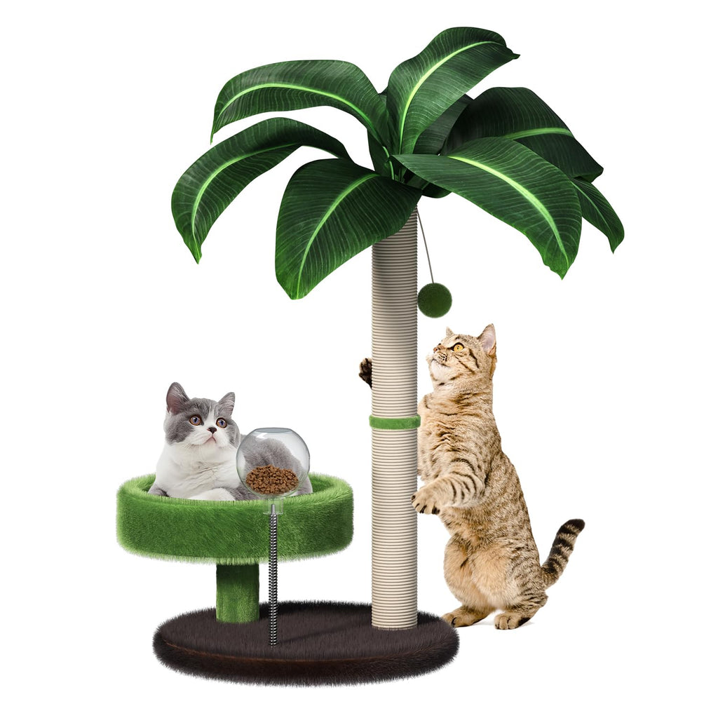 A palm tree cat scratching post with a green platform bed, one cat lying on the platform and another reaching up the sisal trunk.