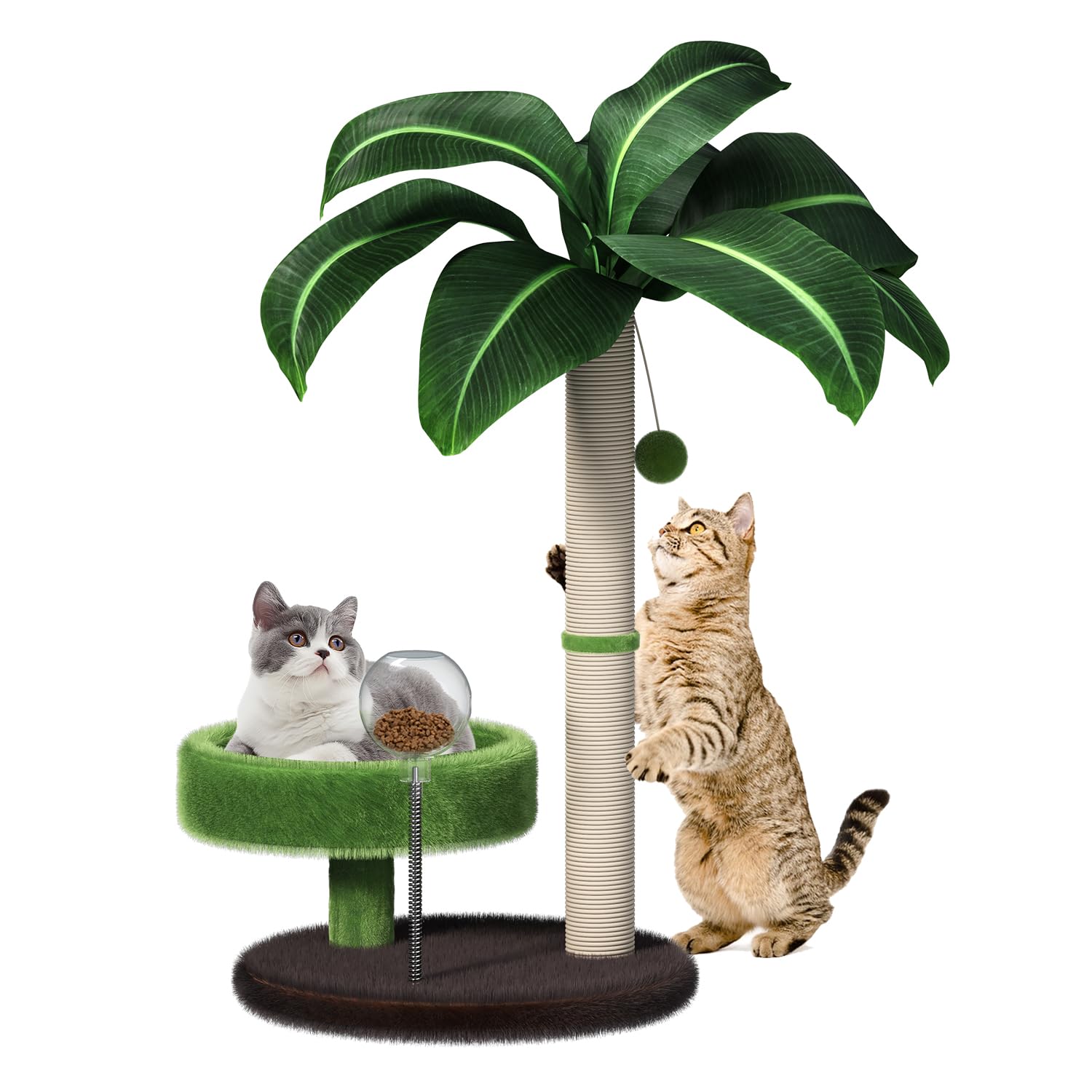 A palm tree cat scratching post with a green platform bed, one cat lying on the platform and another reaching up the sisal trunk.
