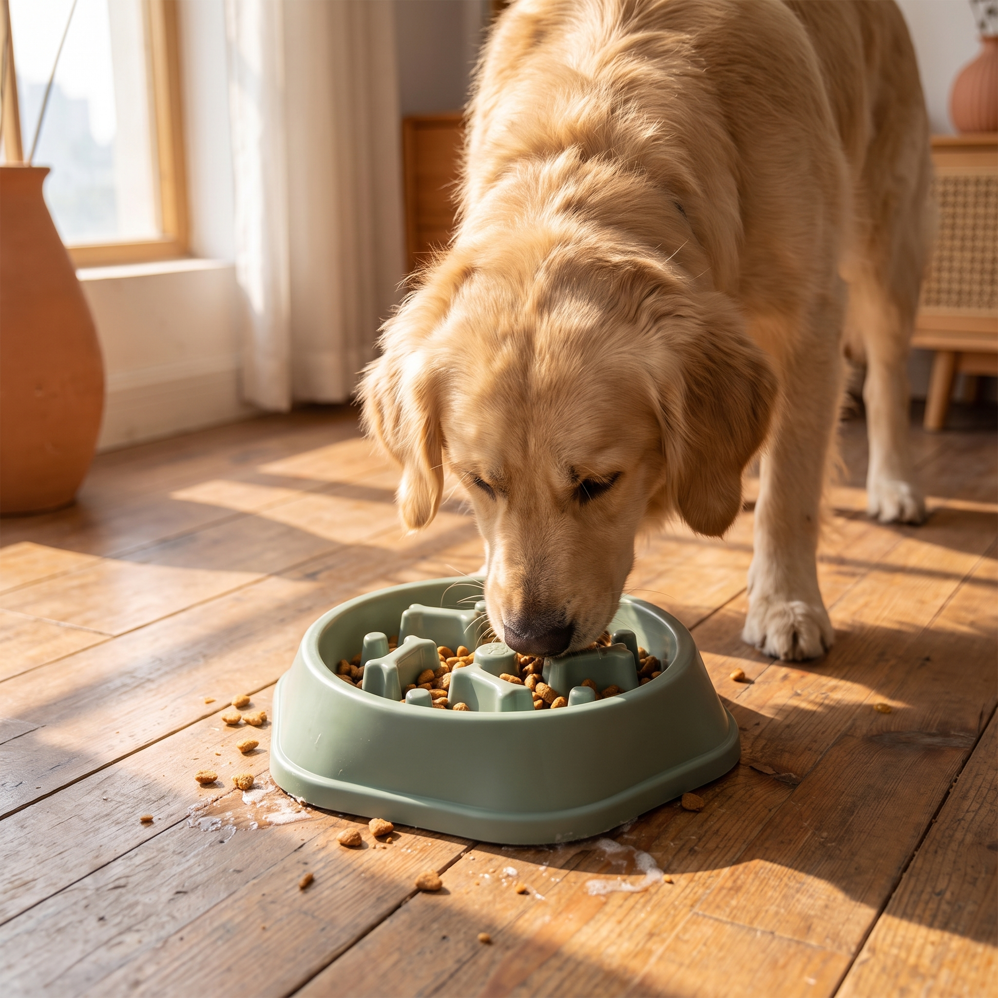 A golden retriever eating from a sage green slow feeder bowl on a wooden floor, with kibble scattered around it.