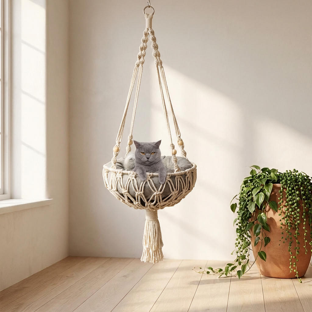 A grey British Shorthair resting in the cream macrame hanging cat bed, suspended in a sunlit room with pale oak floorboards.