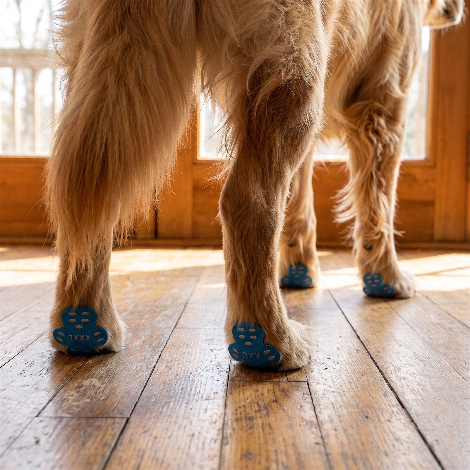 The paws of a golden retriever on a wooden floor, each wearing a blue anti slip paw cover.
