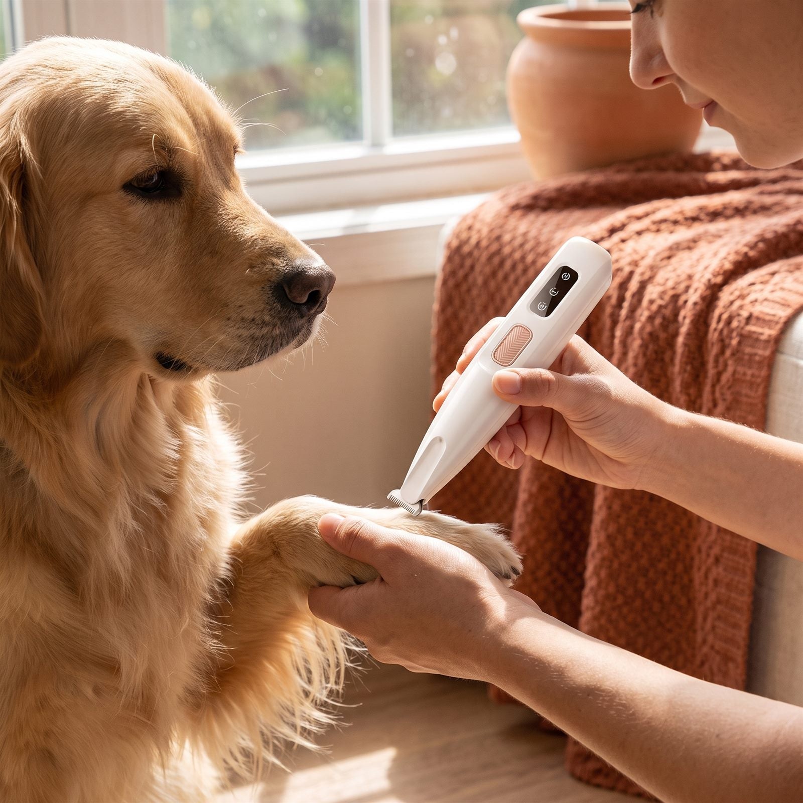 A golden retriever giving a paw while a person trims the fur with the white LED paw trimmer by a window.