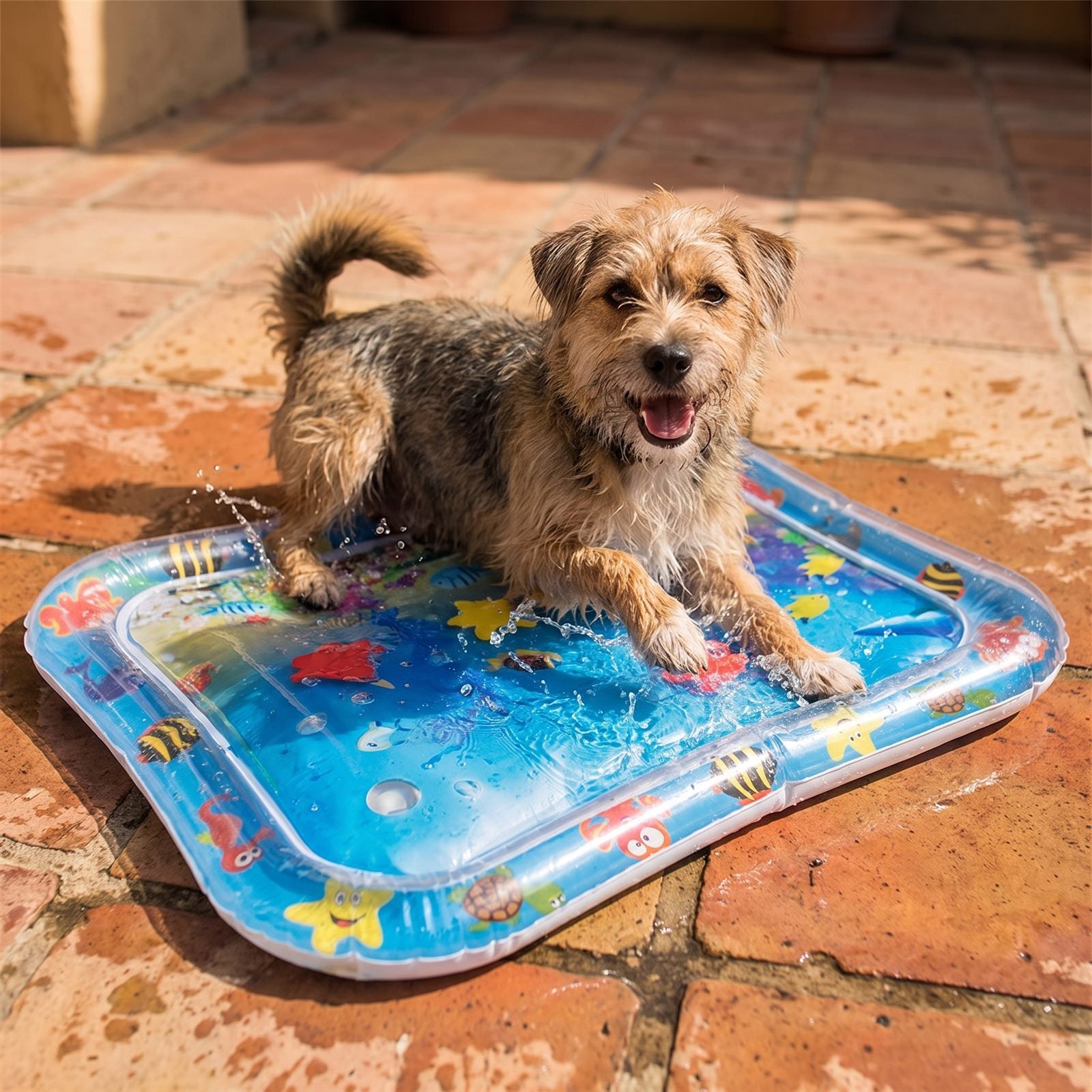 A small scruffy terrier standing on a blue inflatable splash mat on a wet terracotta patio.