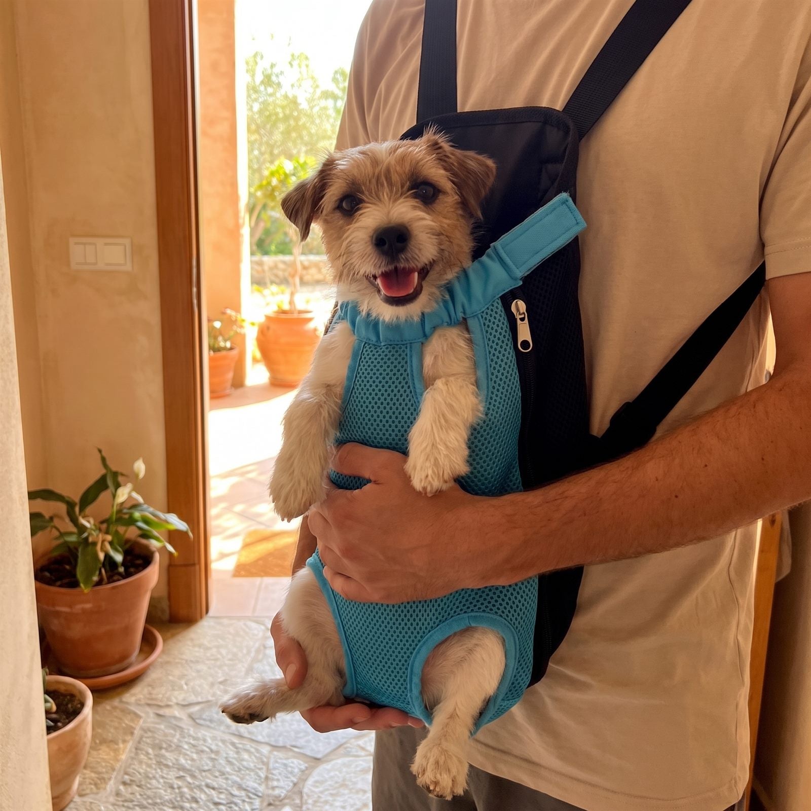 A small terrier carried in a blue mesh pet backpack worn on the chest, with its legs through the openings.