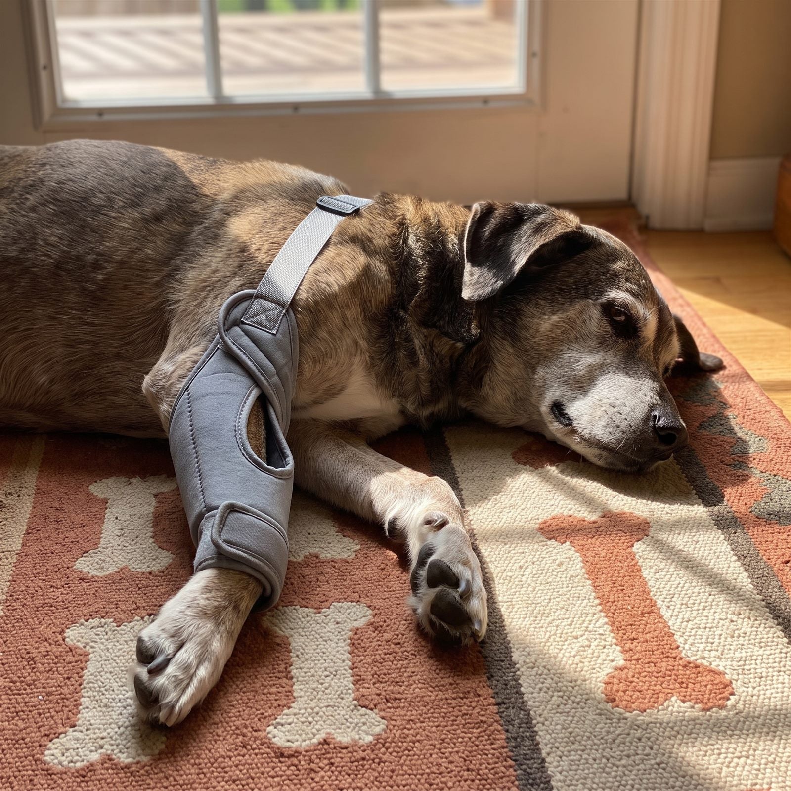 An older dog resting on a patterned rug wearing a grey padded knee brace on its hind leg.