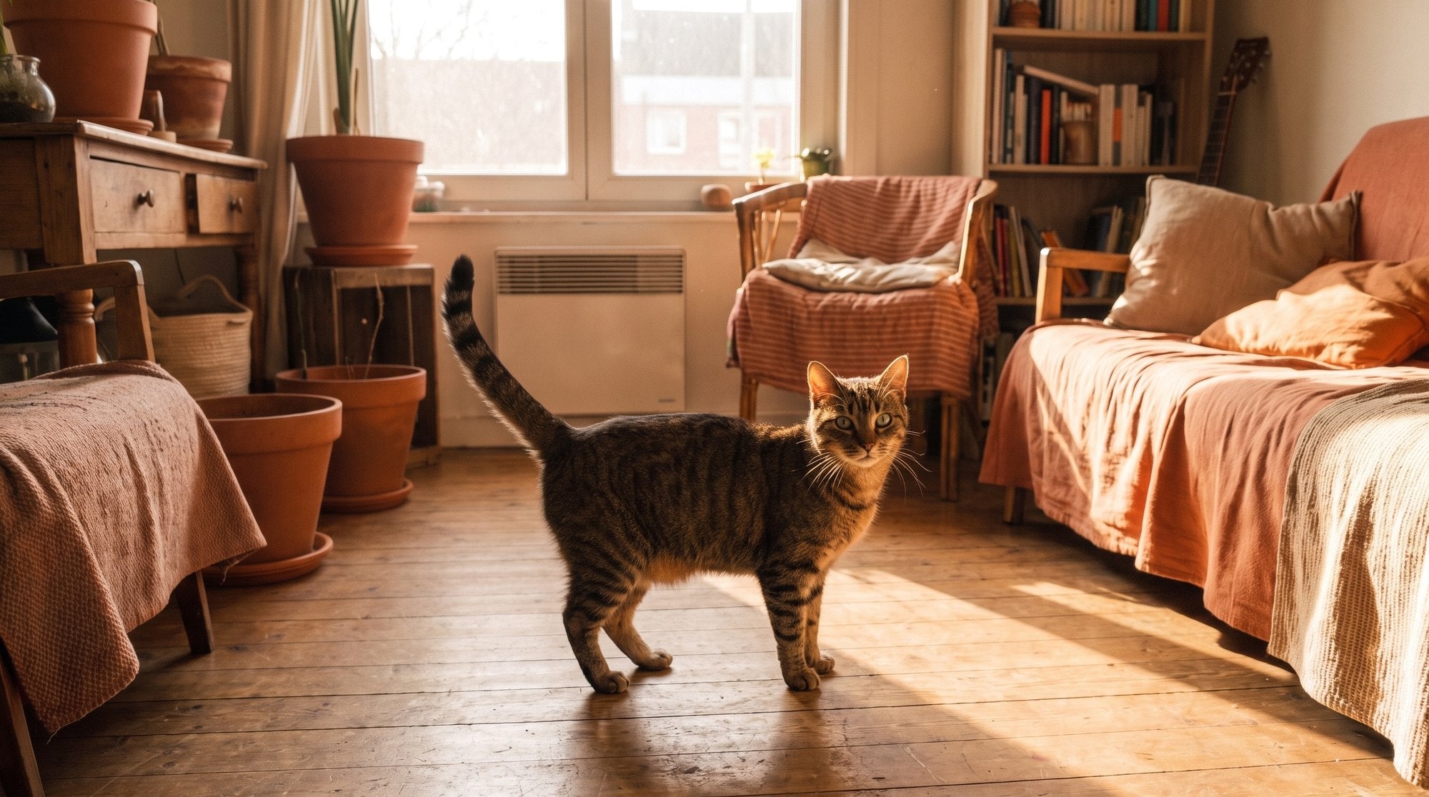 A brown tabby cat standing in a sunlit lived-in living room, tail raised, looking toward the camera.