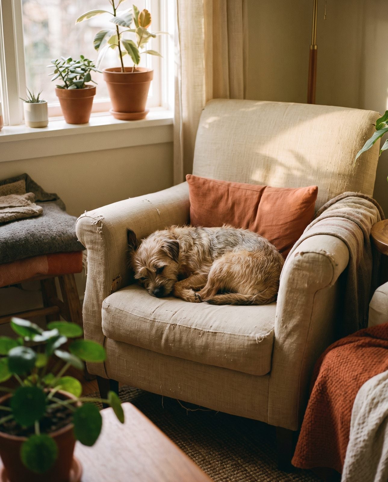 A small scruffy terrier curled up asleep on a worn linen armchair by a sunlit window at home.