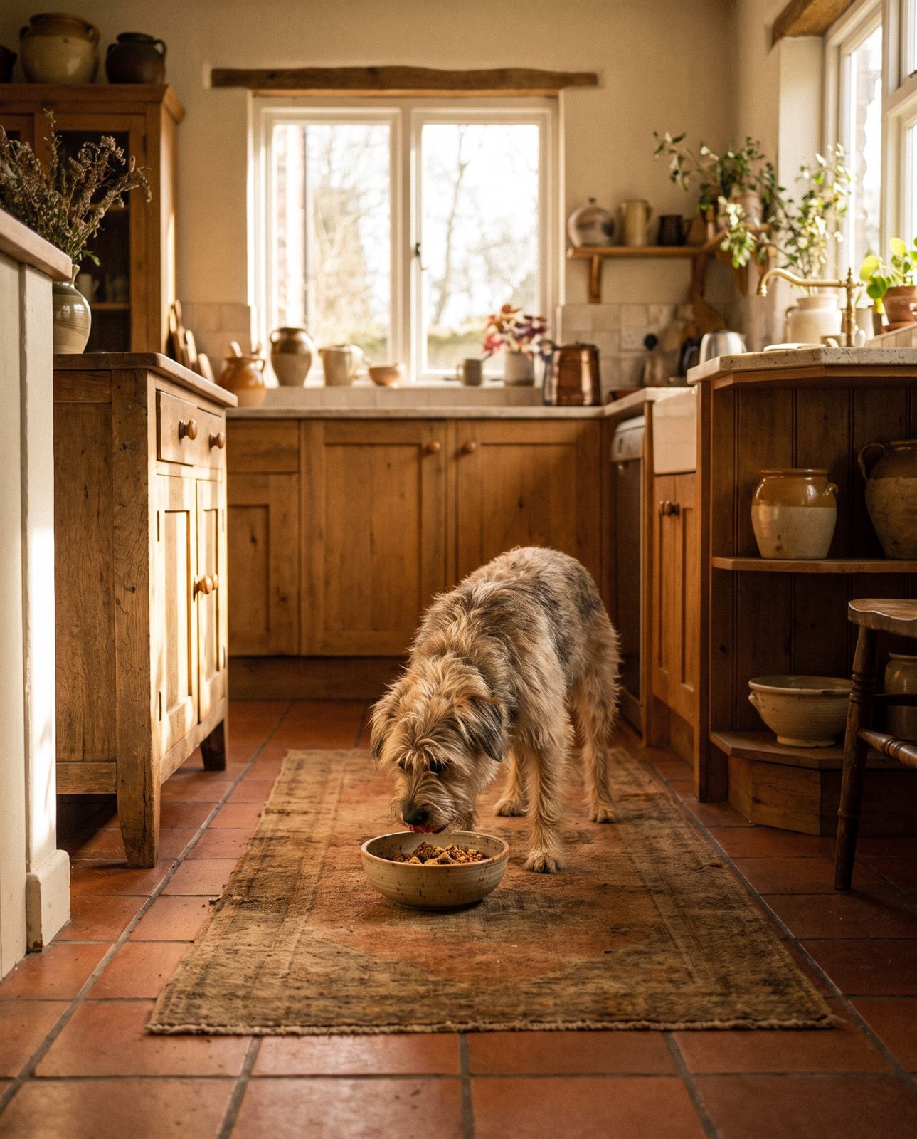 A dog eating from a ceramic bowl in a sunlit rustic kitchen.