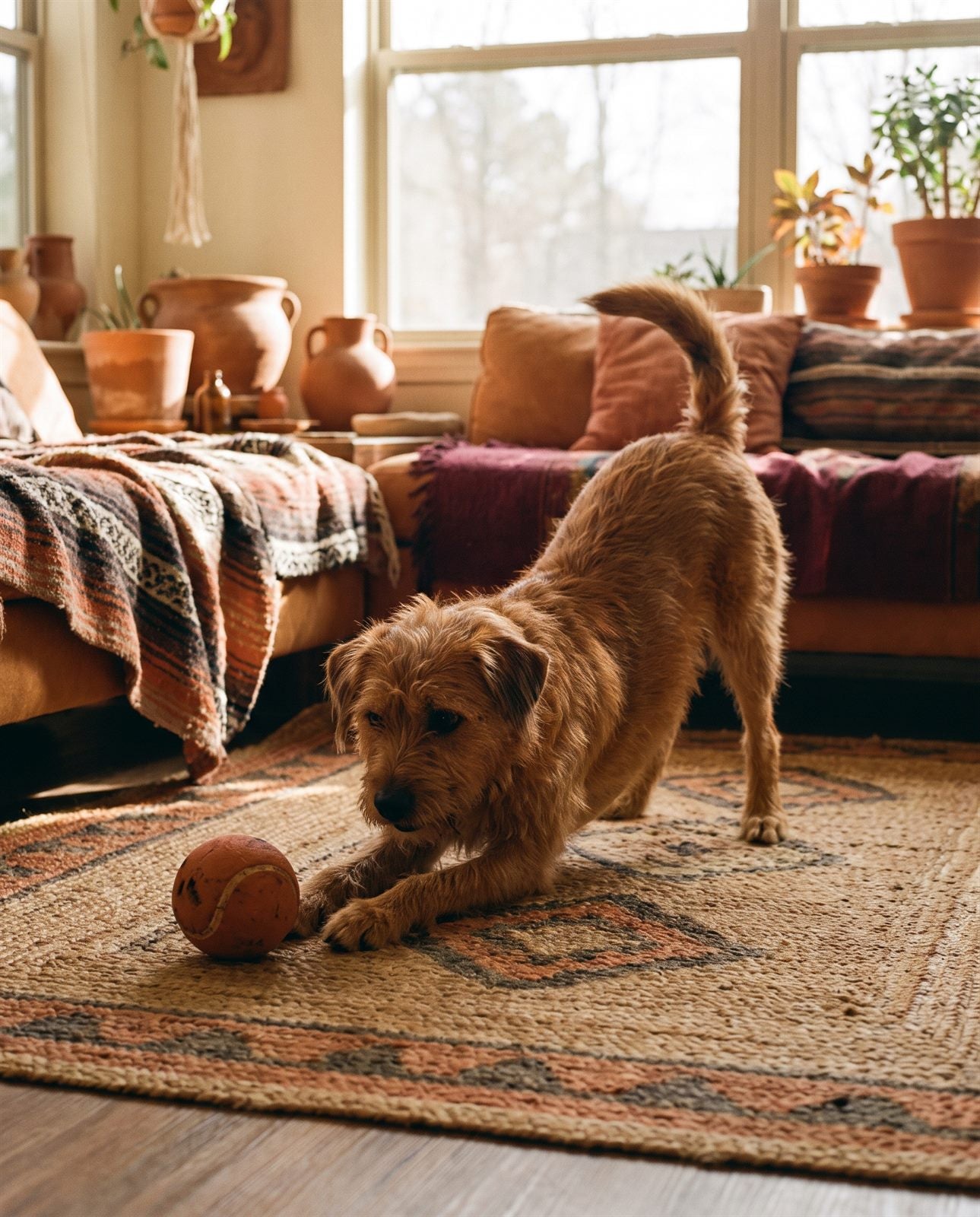 A terrier in a play-bow with a ball on a warm patterned rug.